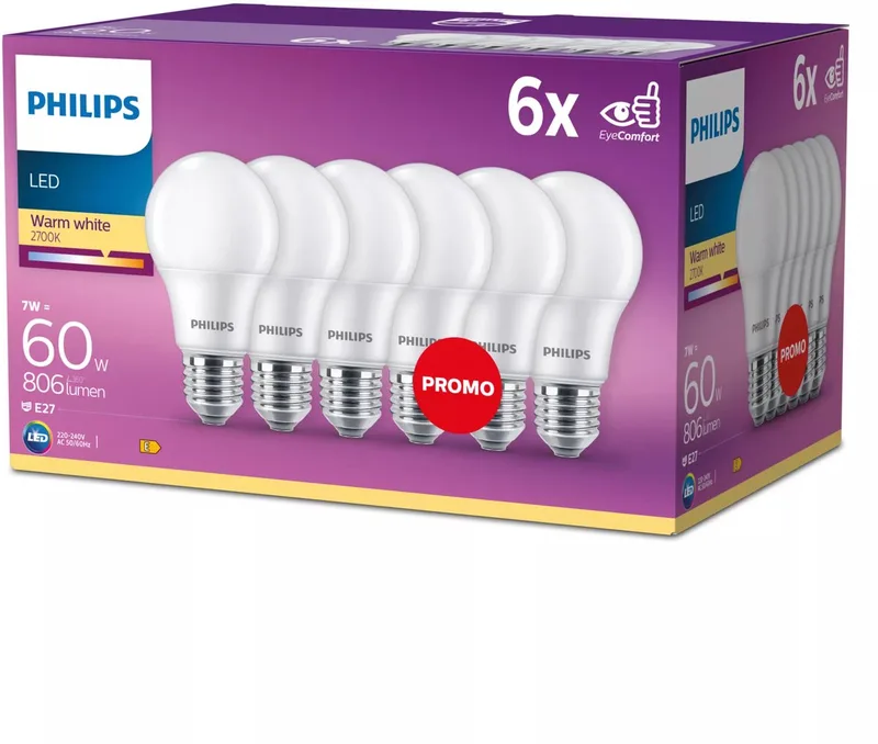 Energiezuinige Philips LED Lamp Mat - 60 W - E27 - warmwit licht - 6 stuks - Bespaar op energiekosten de Philips – photo produit