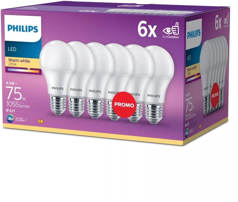 Energiezuinige Philips LED Lamp Mat - 75 W - E27 - warmwit licht - 6 stuks - Bespaar op energiekosten van Philips – productfoto