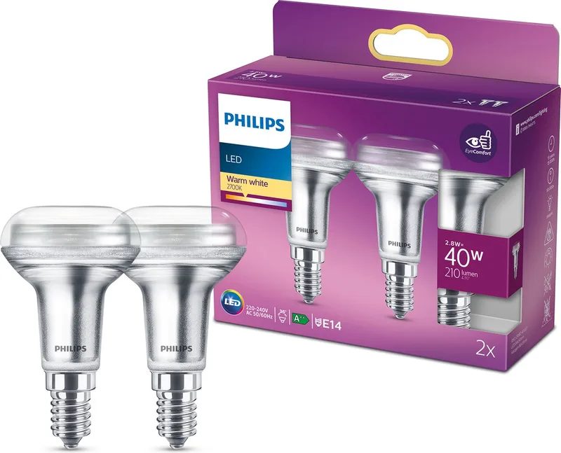 LED 77425700 LED CEE F (A - G) E14 réflecteur 2.8 W = 40 W blanc chaud (Ø x L) 5 cm x 8.4 cm 2 pc(s) de Philips – photo produit