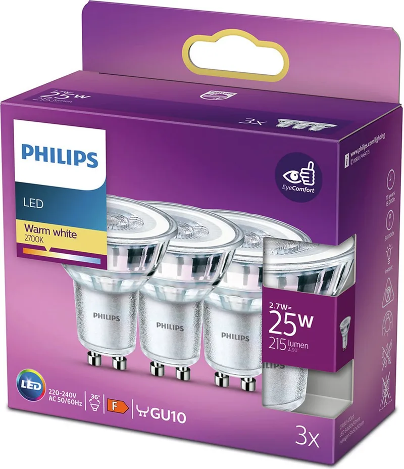 Energiezuinige Philips LED Spot - 25 W - GU10 - warmwit licht - 3 stuks - Bespaar op energiekosten de Philips – photo produit