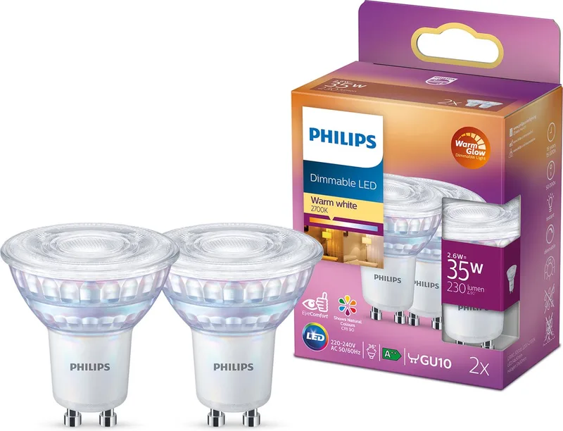 Energiezuinige Philips LED Spot - 35 W - GU10 - Dimbaar warmwit licht - 2 stuks - Bespaar op energiekosten by Philips – product photo