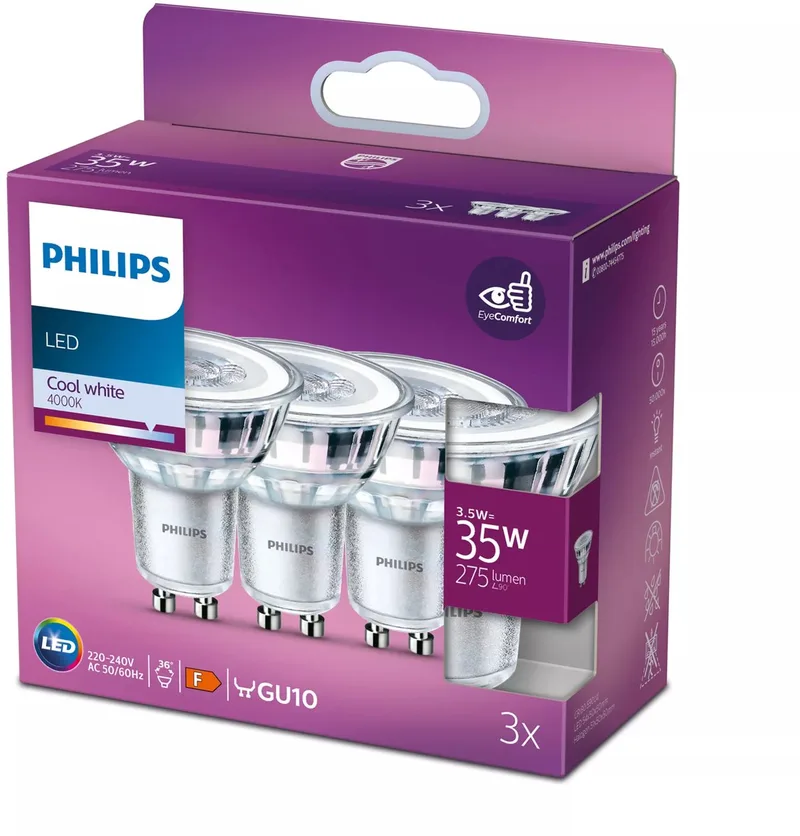 Energiezuinige Philips LED Spot - 35 W - GU10 - koelwit licht - 3 stuks - Bespaar op energiekosten de Philips – photo produit