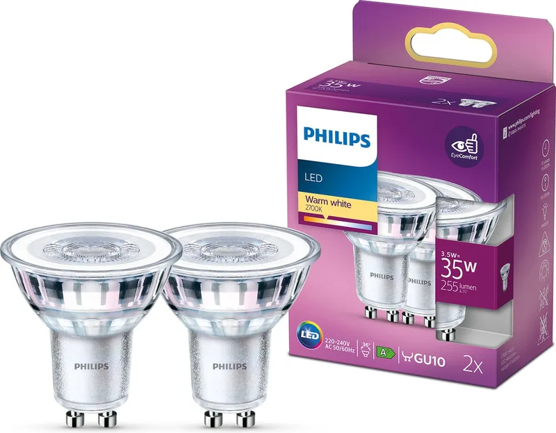Energibesparende Philips LED spot, 35 W, GU10, varmt hvidt lys, 2 stk. fra Philips – produktbillede