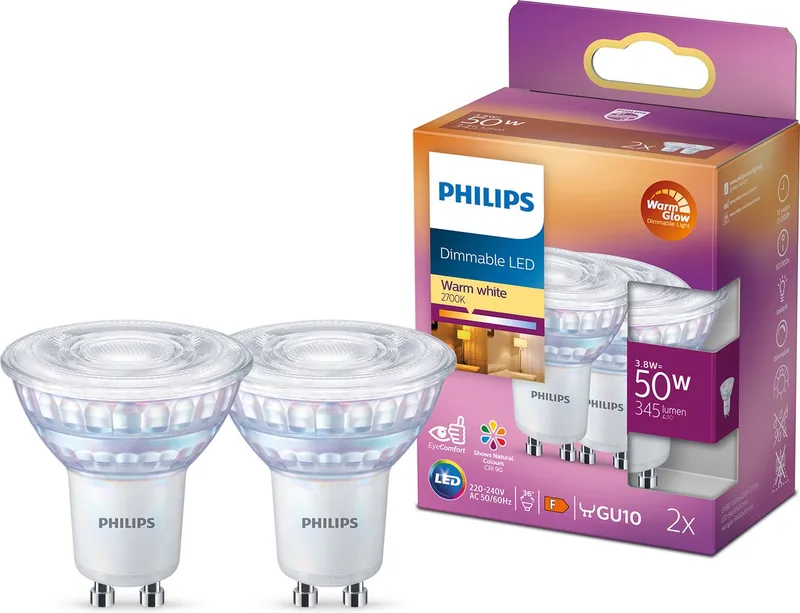 Energiezuinige Philips LED Spot - 50 W - GU10 - Dimbaar warmwit licht - 2 stuks - Bespaar op energiekosten från Philips – produktbild