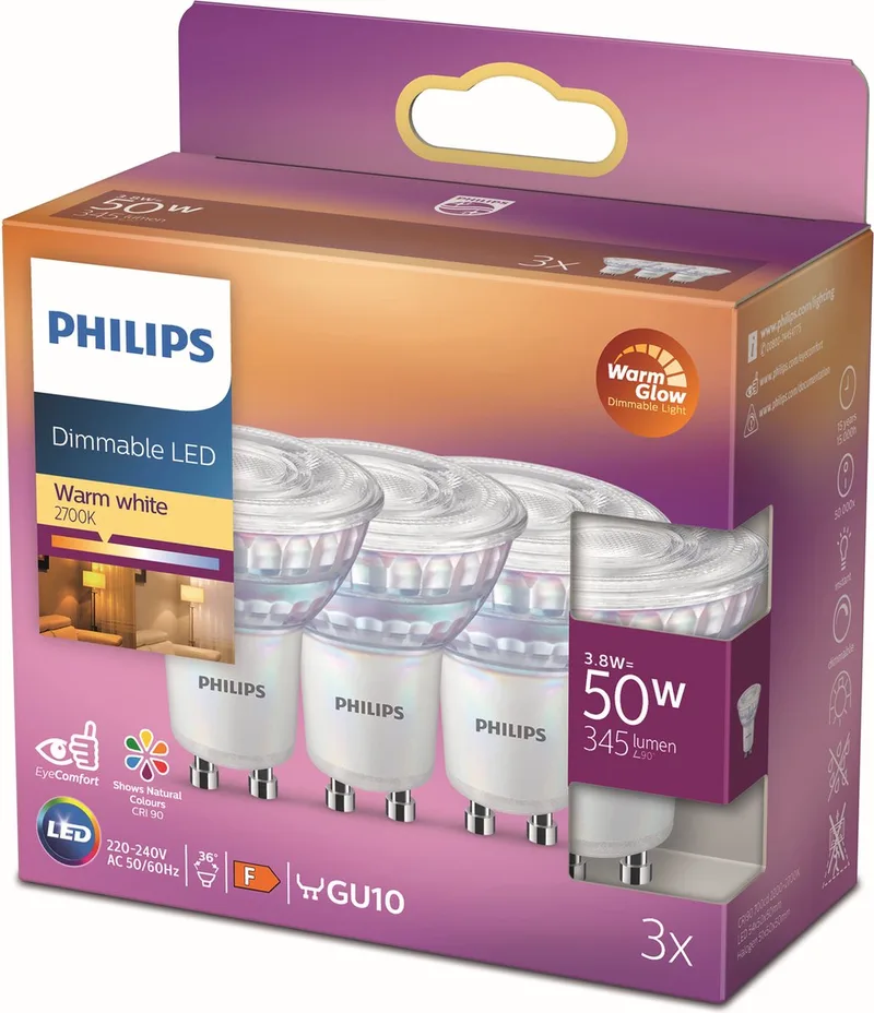 Energiezuinige Philips LED Spot - 50 W - GU10 - Dimbaar warmwit licht - 3 stuks - Bespaar op energiekosten från Philips – produktbild