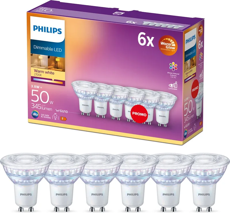 Energiezuinige Philips LED Spot - 50 W - GU10 - Dimbaar warmwit licht - 6 stuks - Bespaar op energiekosten de Philips – photo produit