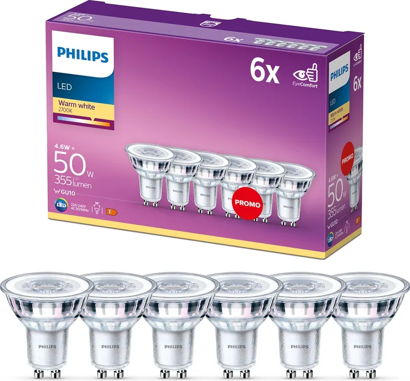 Energiezuinige Philips LED Spot - 50 W - GU10 - warmwit licht - 6 stuks - Bespaar op energiekosten de Philips – photo produit