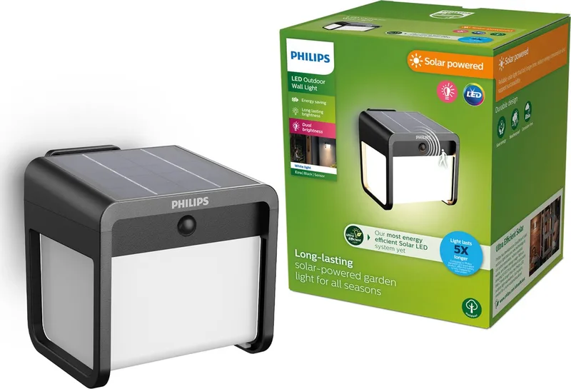 Ezra wandlamp - UltraEfficient LED - Solar buitenlamp - Helder warm licht; 3000K - Bewegingssensor - Zonne-energie - Schemersensor von Philips in Schwarz – Produktfoto