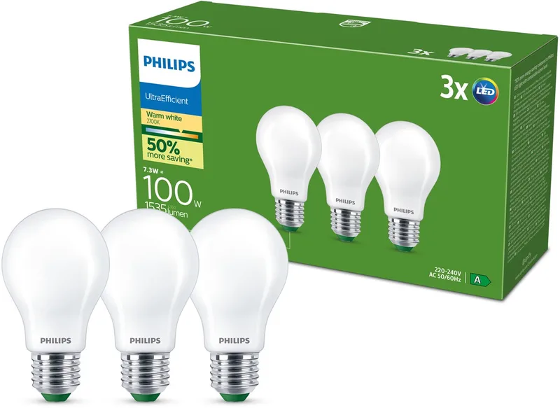 LED-Lampe Ultra Efficient A60 73W827 100W Frosted 3-pack E27 von Philips – Produktfoto