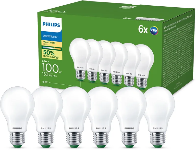 LED-Lampe Ultra Efficient A60 73W827 100W Frosted 6-pack E27 von Philips – Produktfoto