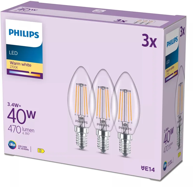 Filament kaarslamp helder 40W B35 E14 x3 van Philips – productfoto