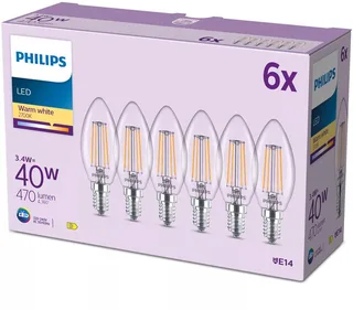 Filamentkaarslamp helder 40W B35 E14 x6 från Philips – produktbild 1 av 5