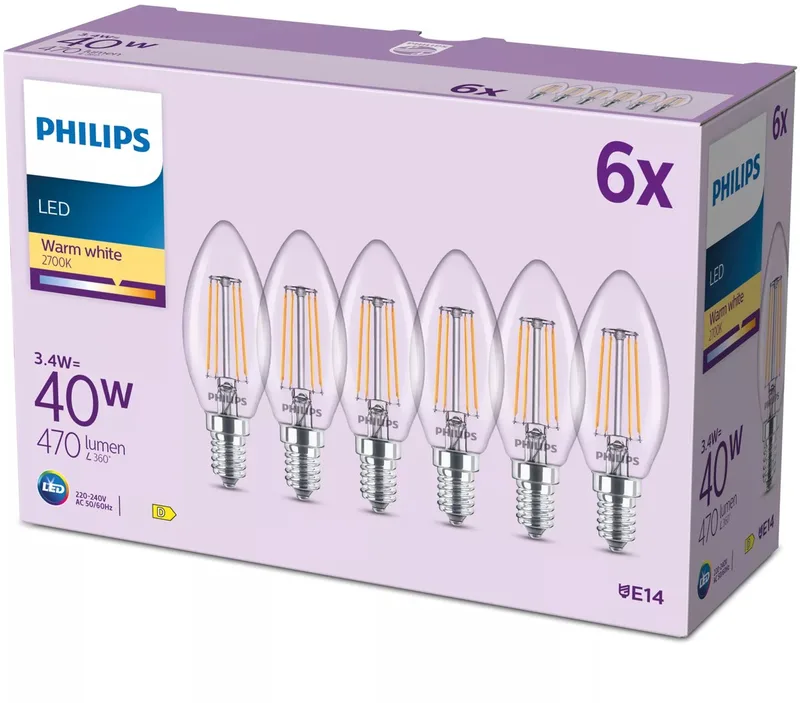 Filamentkaarslamp helder 40W B35 E14 x6 från Philips – produktbild 1 av 5