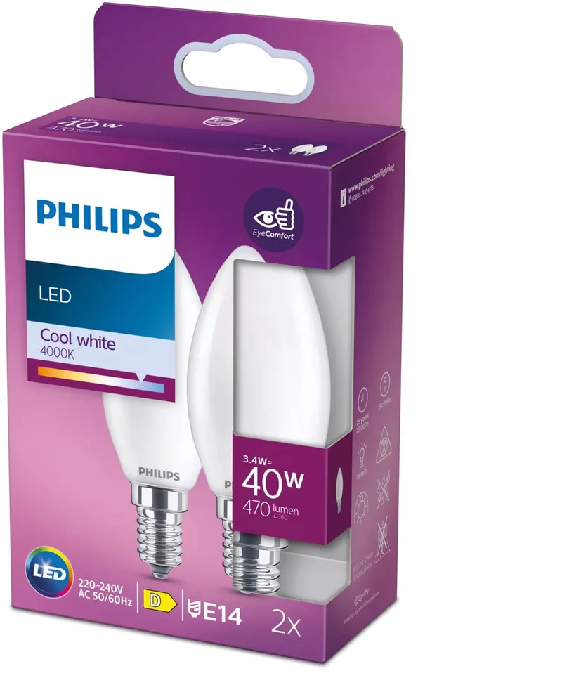 Filamentkaarslamp mat 40W B35 E14 x2 de Philips – photo produit