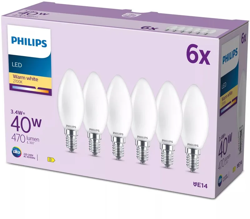 Filamentkaarslamp mat 40W B35 E14 x6 de Philips – photo produit