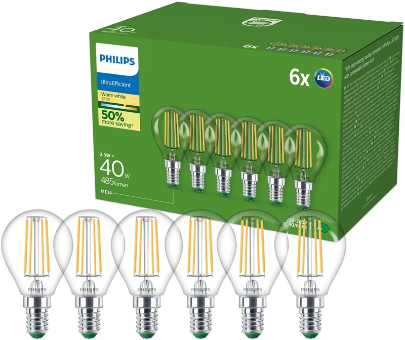 Filamentkogellamp helder 40W P45 E14 x6 van Philips – productfoto