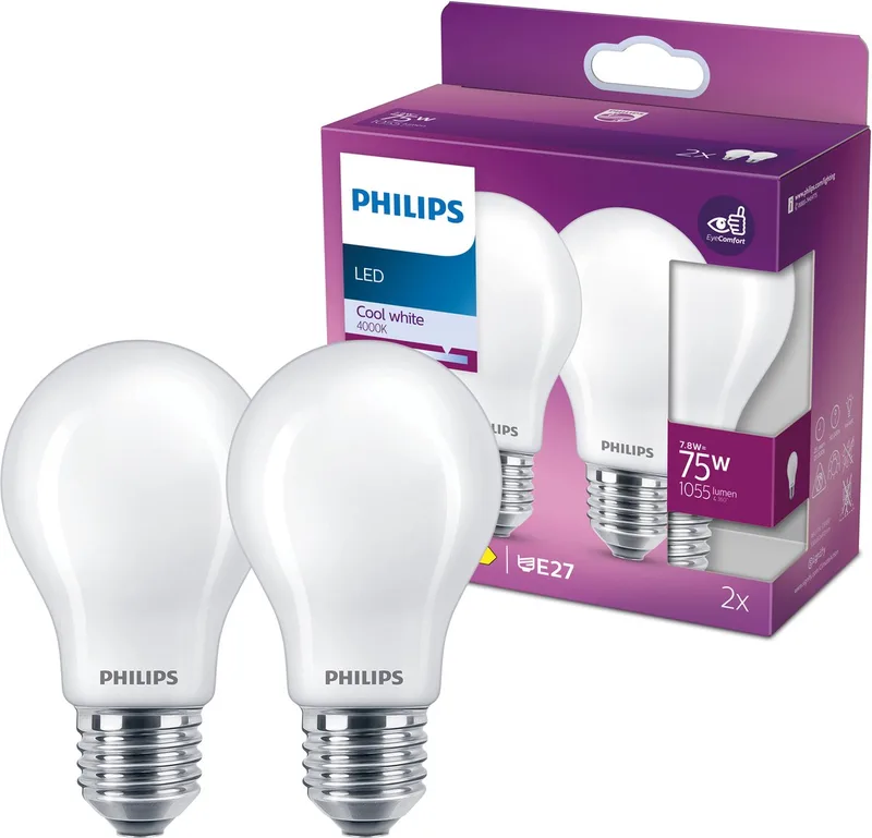 Filamentlamp mat 75W A60 E27 x2 de Philips – photo produit