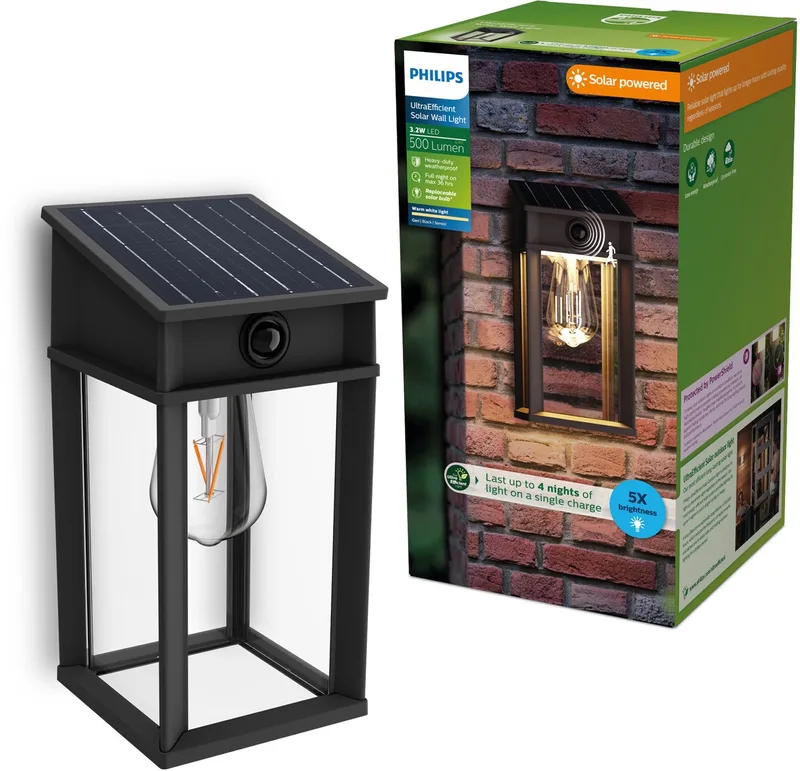 Geri Wandlamp - UltraEfficient LED - Solar buitenlamp - Warmwit licht 2700K - Rechthoekig ontwerp - Bewegingssensor - Zonne-energie - Schemersensor fra Philips i Sort – produktbillede