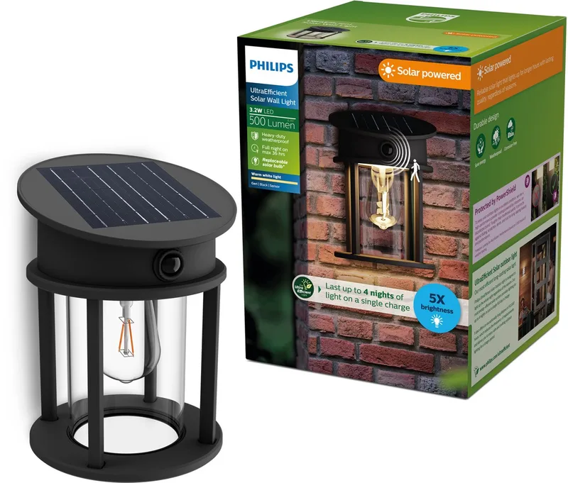 Geri Wandlamp - UltraEfficient LED - Solar buitenlamp - Warmwit licht 2700K - Rond ontwerp - Bewegingssensor - Zonne-energie - Schemersensor fra Philips i Sort – produktbillede