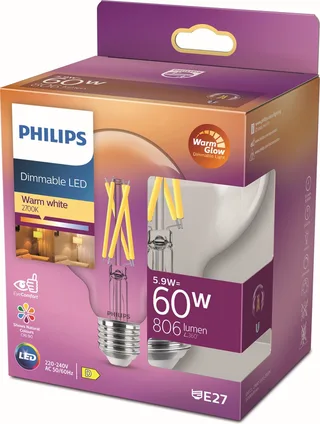 Globe Transparant - 60 W - E27 - Dimbaar warmwit licht de Philips – photo produit 1 sur 2