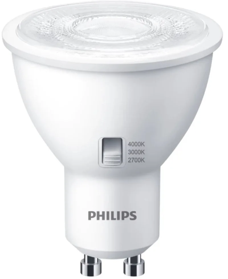 GU10 4.8W - Instelbare lichtkleur CCT-switch 2700K/3000K/ 4000K - 36° - Dimbaar | GU10 50mm | Extra Warm Wit-Warm Wit-Koel Wit | 4.8 watt | 15.000 Branduren von Philips – Produktfoto