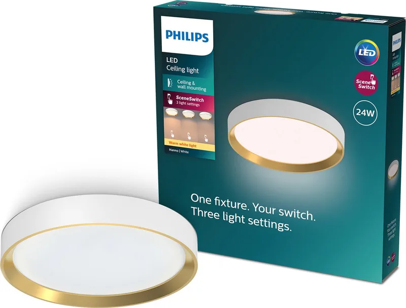 Hanno plafondlamp - SceneSwitch lichttechnologie - 24W - Warmwit licht - met goud design by Philips in White – product photo