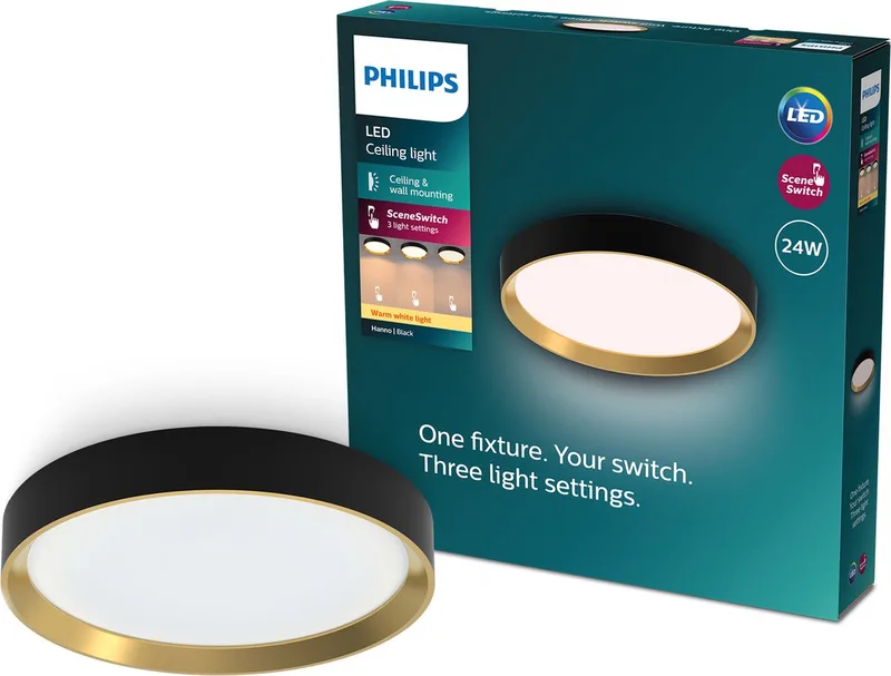 Hanno plafondlamp - SceneSwitch lichttechnologie - 24W - Warmwit licht - met goud design fra Philips i Sort – produktbillede