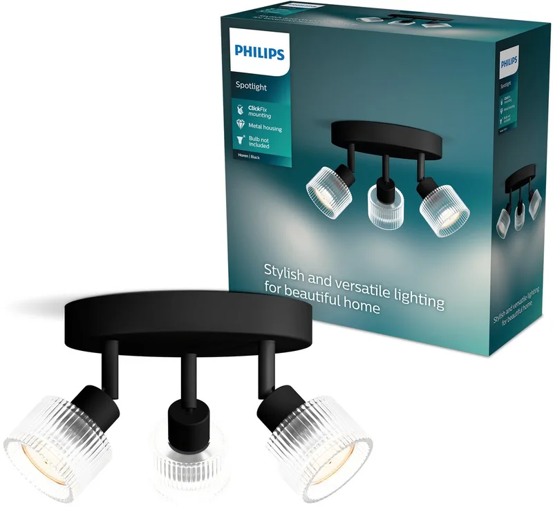 Horen Opbouwspot - LED GU10 fitting - Richtbaar - 3 lichtpunten - Ronde basisplaat - ClickFix - met geribbeld glas fra Philips i Sort – produktbillede