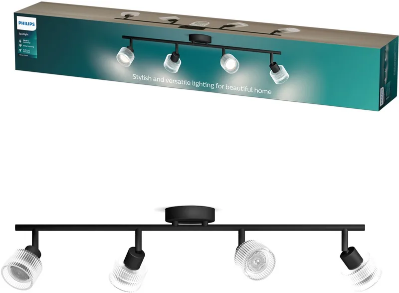 Horen surface spotlight, LED GU10 fitting, adjustable, 4 light points, ClickFix, with ribbed glass by Philips in Black – product photo