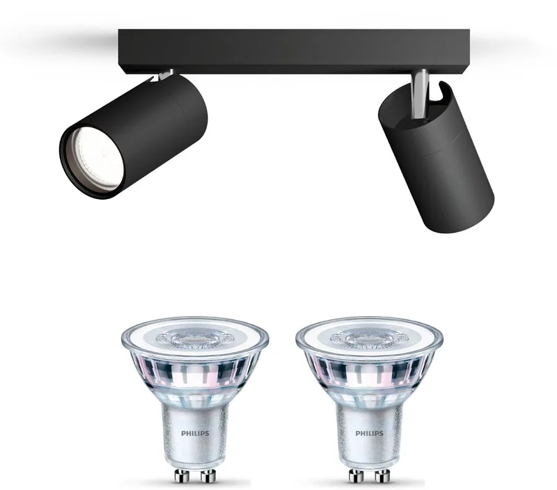 Idris Opbouwspot voor Badkamer - Badkamerlamp - Warmwit Licht - Plafondspot met 2 Lichtpunten - GU10 - SceneSwitch - Eenvoudig Dimbaar met Je Klassieke Schakelaar från Philips i Svart – produktbild