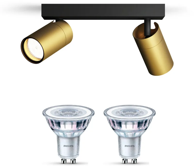 Idris Opbouwspot voor Badkamer - Badkamerlamp - Warmwit Licht - Plafondspot met 2 Lichtpunten - GU10 - SceneSwitch - Eenvoudig Dimbaar met Je Klassieke Schakelaar van Philips in Zwart, Goud – productfoto