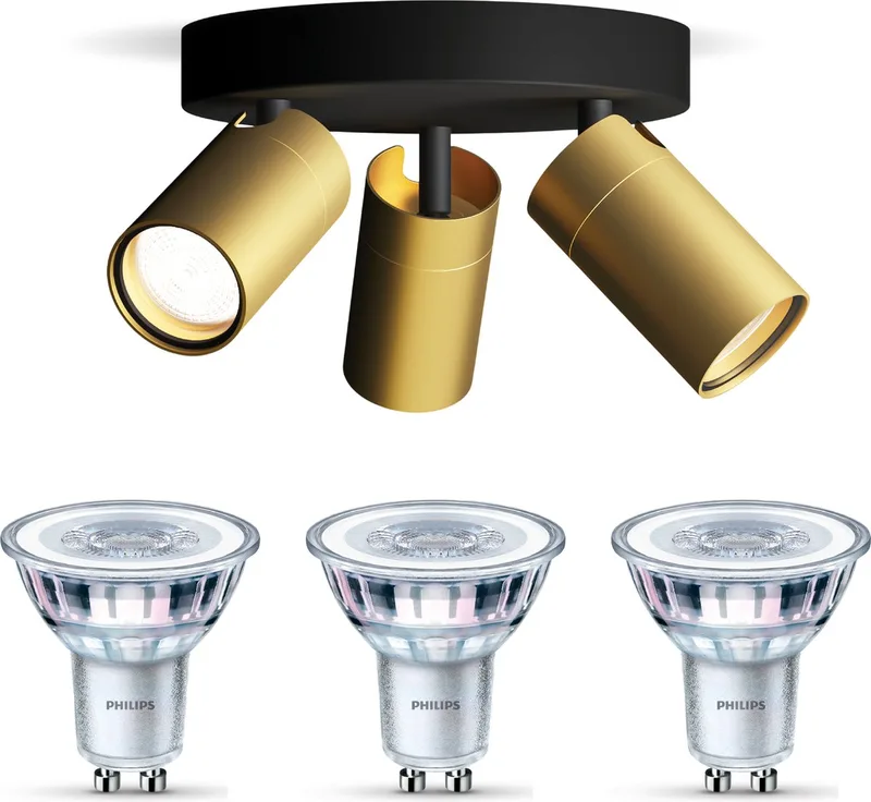 Idris Opbouwspot voor Badkamer - Badkamerlamp - Warmwit Licht - Plafondspot met 3 Lichtpunten - GU10 - SceneSwitch - Eenvoudig Dimbaar met Je Klassieke Schakelaar de Philips en Noir, Or – photo produit
