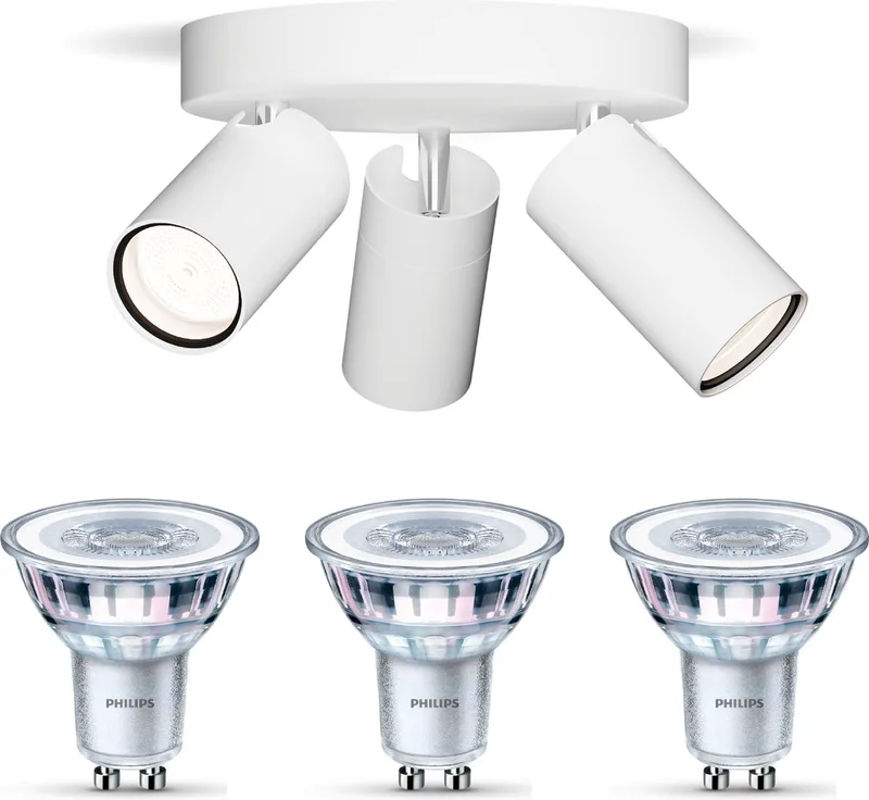 Idris Opbouwspot voor Badkamer - Badkamerlamp - Warmwit Licht - Plafondspot met 3 Lichtpunten - GU10 - SceneSwitch - Eenvoudig Dimbaar met Je Klassieke Schakelaar by Philips in White – product photo