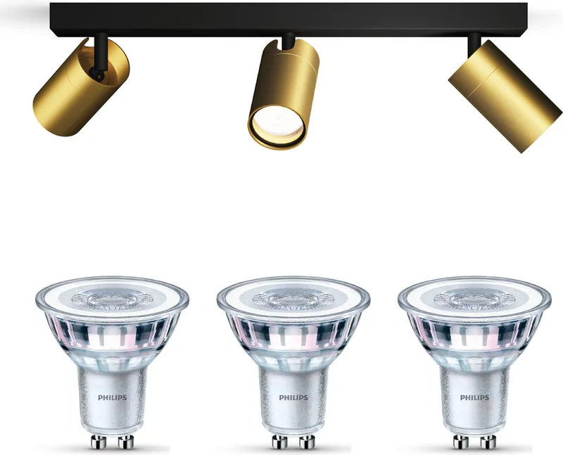 Idris Opbouwspot voor Badkamer - Badkamerlamp - Warmwit Licht - Plafondspot met 3 Lichtpunten - GU10 - SceneSwitch - Eenvoudig Dimbaar met Je Klassieke Schakelaar fra Philips i Sort, Guld – produktbillede