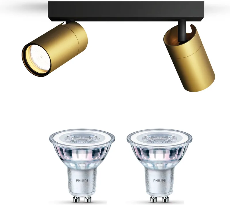 Idris Opbouwspot voor Badkamer - Badkamerlamp - Warmwit Licht - Plafondspot met 2 Lichtpunten - GU10 - Niet Dimbaar by Philips in Black, Gold – product photo