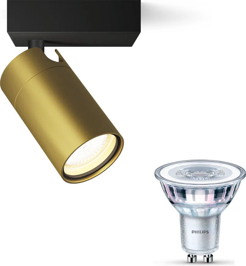 Idris Opbouwspot voor Badkamer - Badkamerlamp - Warmwit Licht - Wandspot of Plafondspot met 1 Lichtpunt - GU10 - SceneSwitch - Eenvoudig Dimbaar met Je Klassieke Schakelaar by Philips in Black, Gold – product photo