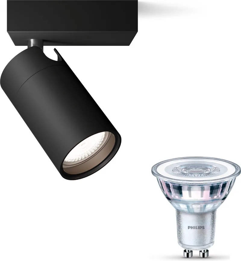 Idris Opbouwspot voor Badkamer - Badkamerlamp - Warmwit Licht - Wandspot of Plafondspot met 1 Lichtpunt - GU10 - SceneSwitch - Eenvoudig Dimbaar met Je Klassieke Schakelaar von Philips in Schwarz – Produktfoto
