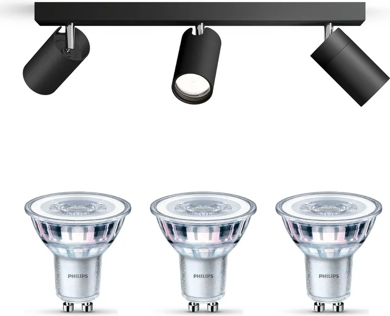 Idris Opbouwspot voor Badkamer(Zwart) - Badkamerlamp - Warmwit Licht - Plafondspot met 3 Lichtpunten - GU10 - Niet Dimbaar från Philips i Svart – produktbild