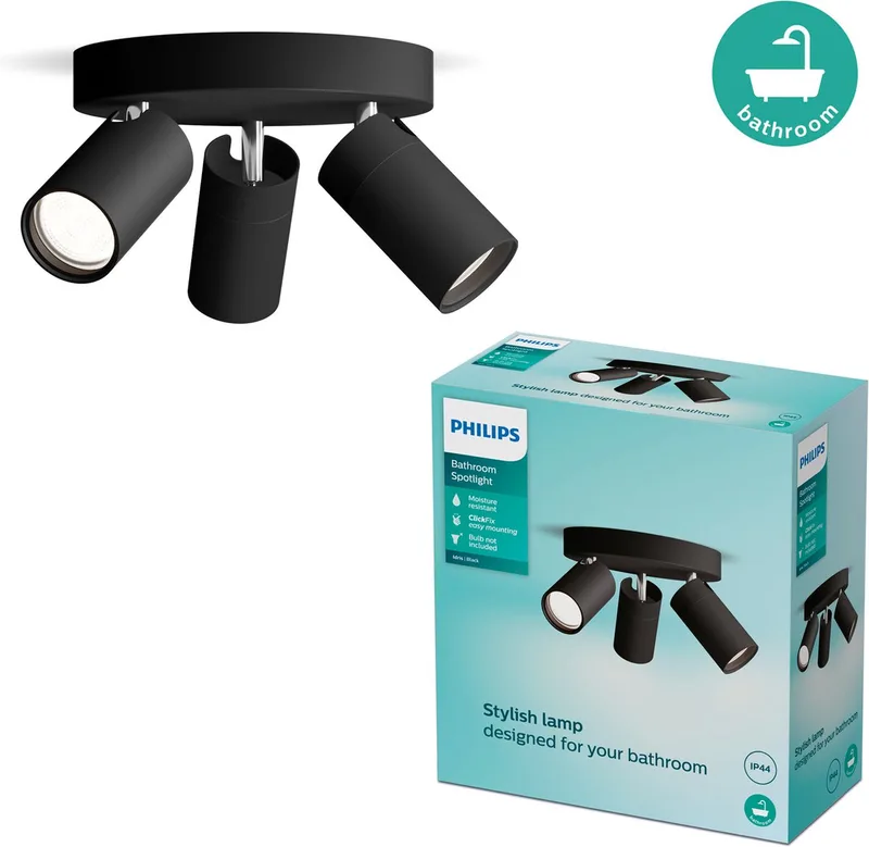 Idris Spot - Plafondspot - Spatwaterdicht IP44 - 5W - Badkamerlamp - Drie lichtpunten - Ronde basisplaat - Alleen geschikt voor LED spots från Philips i Svart – produktbild
