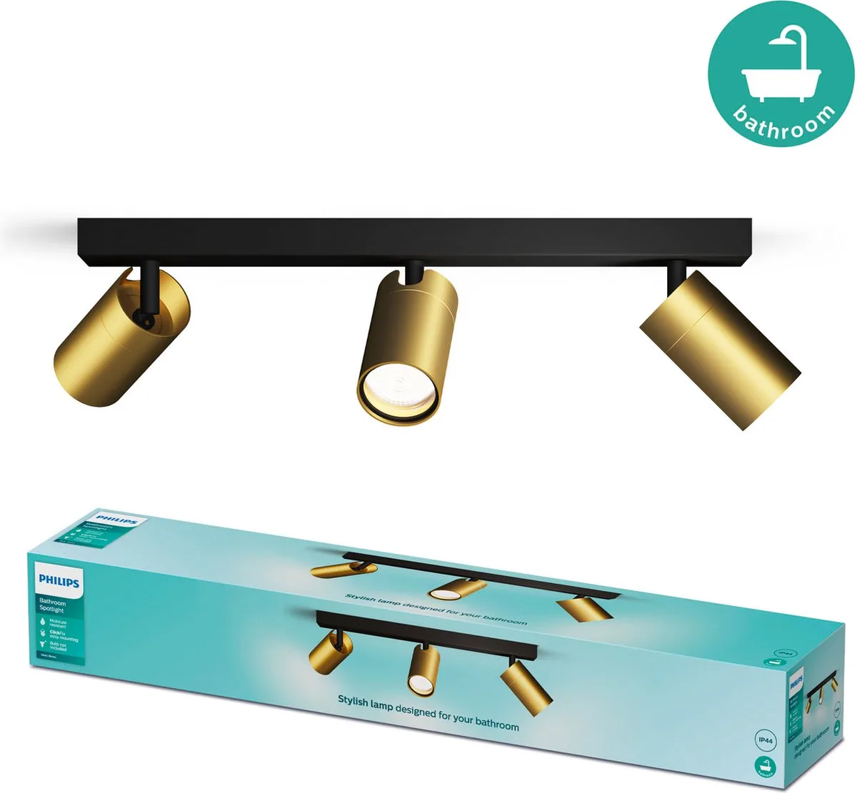 Idris Spot - Plafondspot - Spatwaterdicht IP44 - 5W - Zwart met goud - Badkamerlamp - Drie lichtpunten - Alleen geschikt voor LED spots från Philips – produktbild