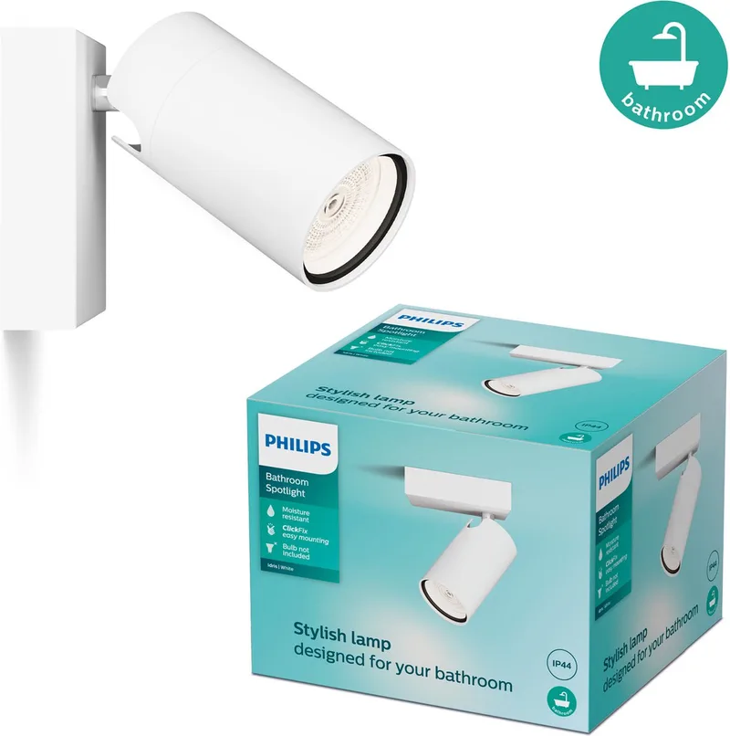 Idris Spot - Plafondspot - Spatwaterdicht IP44 - Wit - 5W - Badkamerlamp - Eén lichtpunt - Alleen geschikt voor LED spots från Philips – produktbild