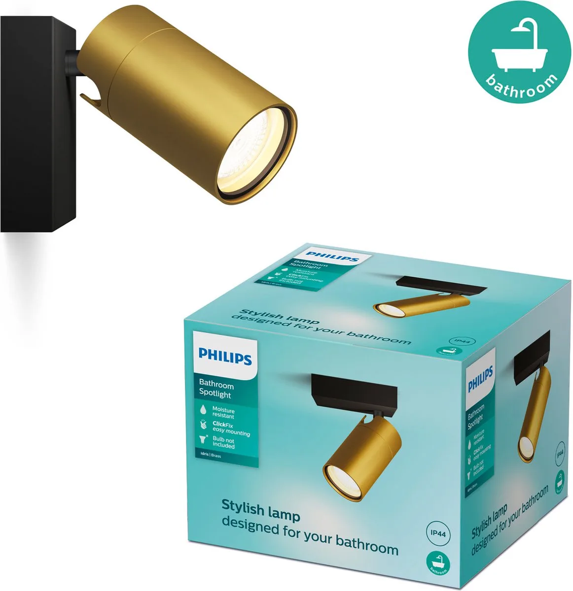 Idris Spot - Plafondspot - Spatwaterdicht IP44 - Zwart met goud - 5W - Badkamerlamp - Eén lichtpunt - Alleen geschikt voor LED spots från Philips – produktbild
