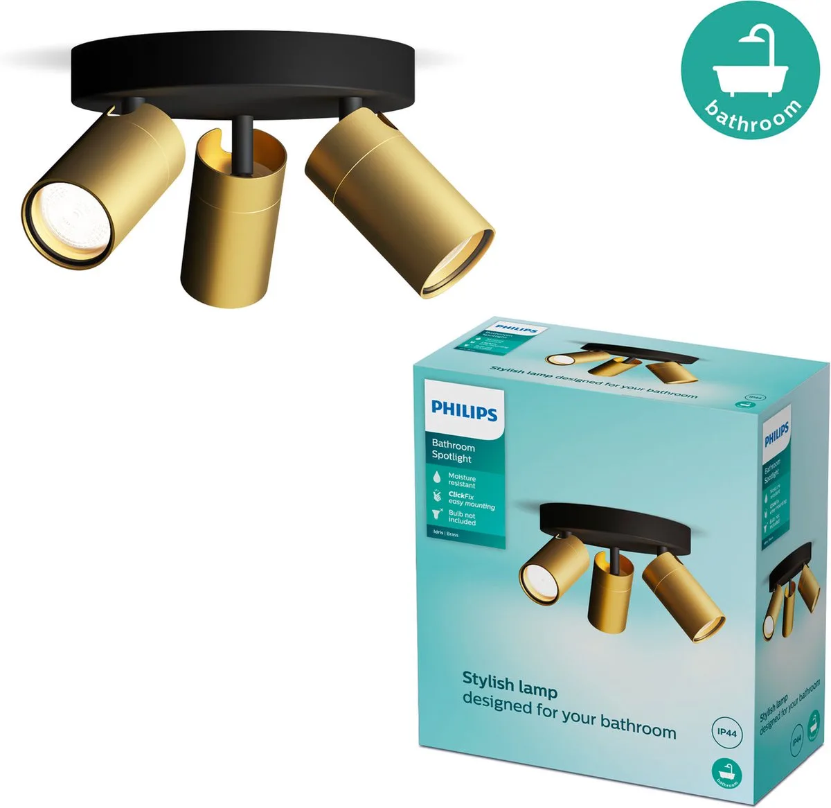 Idris Spot - Plafondspot - Spatwaterdicht IP44 - Zwart met goud - Badkamerlamp - Drie lichtpunten - Ronde basisplaat - Alleen geschikt voor LED spots från Philips – produktbild