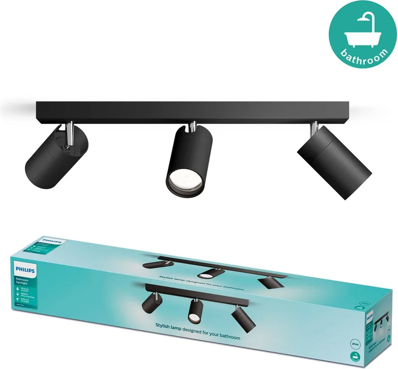 Idris Spot - Spatwaterdicht IP44 - 5W - Badkamerlamp - Drie lichtpunten - Alleen geschikt voor LED spots från Philips i Svart – produktbild
