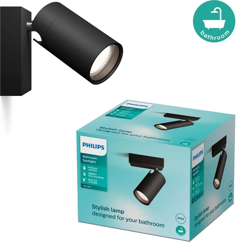 Idris Spot - Spatwaterdicht IP44 - 5W - Badkamerlamp - Eén lichtpunt - Alleen geschikt voor LED spots by Philips in Black – product photo