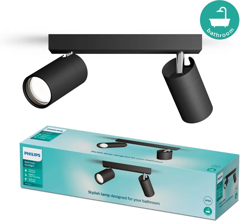 Idris Spot - Spatwaterdicht IP44 - 5W - Badkamerlamp - Twee lichtpunten - Alleen geschikt voor LED spots by Philips in Black – product photo