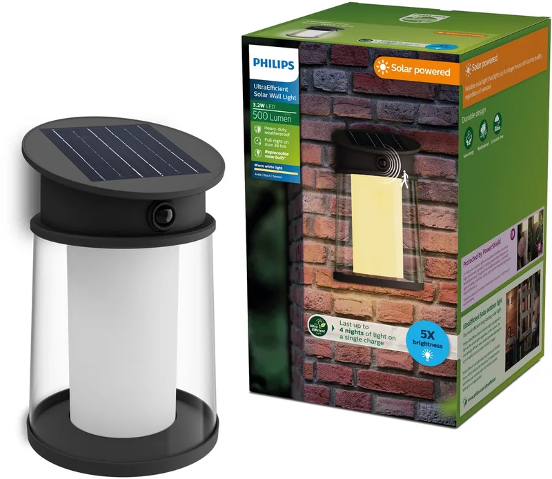 Juda Wandlamp - UltraEfficient LED - Solar buitenlamp - Warmwit licht 2700K - Rond ontwerp - Bewegingssensor - Zonne-energie - Schemersensor fra Philips i Sort – produktbillede