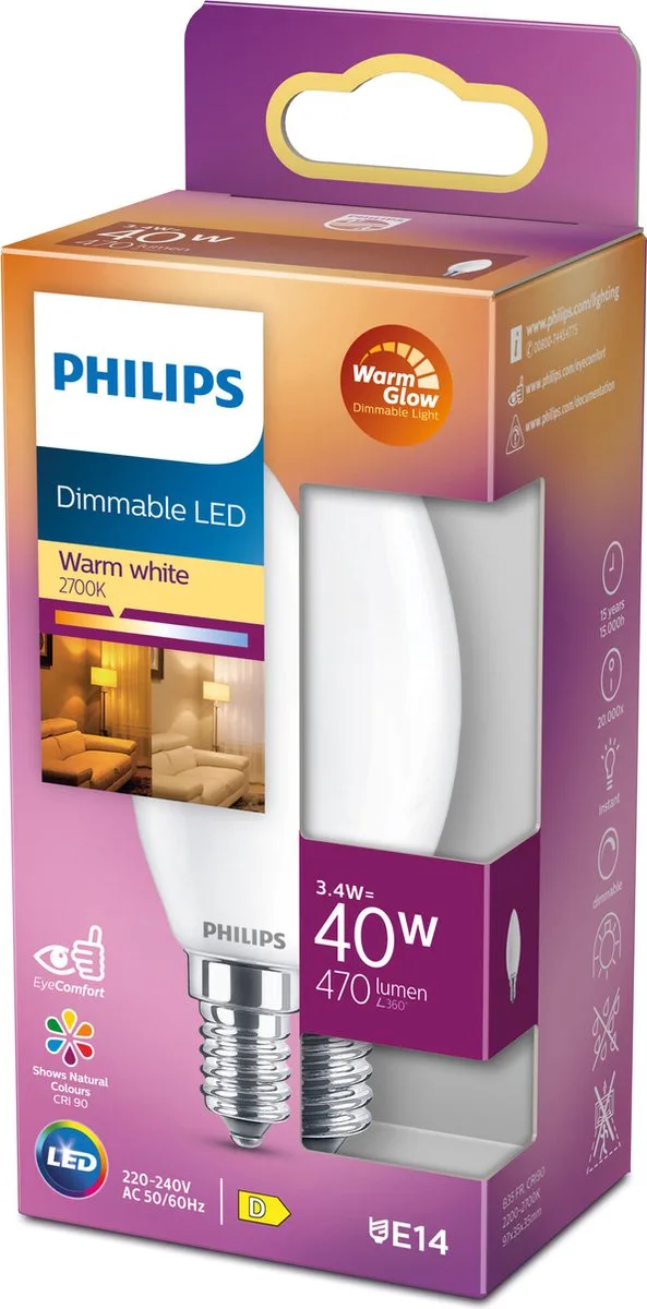 Kaars Mat - 40 W - E14 - Dimbaar warmwit licht von Philips – Produktfoto