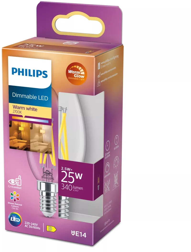 Kerze transparent, 25 W, E14, dimmbares Warmweiß von Philips – Produktfoto