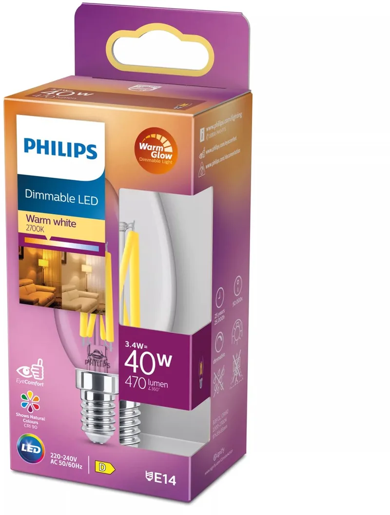 Kronljuslampa transparent, 40 W, E14, dimbart varmvitt ljus från Philips – produktbild
